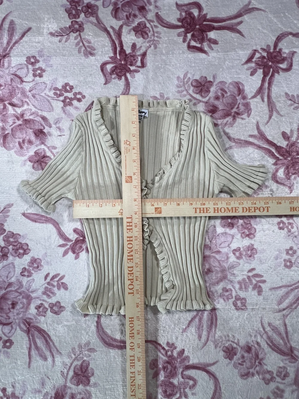 Ribbed Ruffle-Trim Beige Blouse - Picture 4 of 6